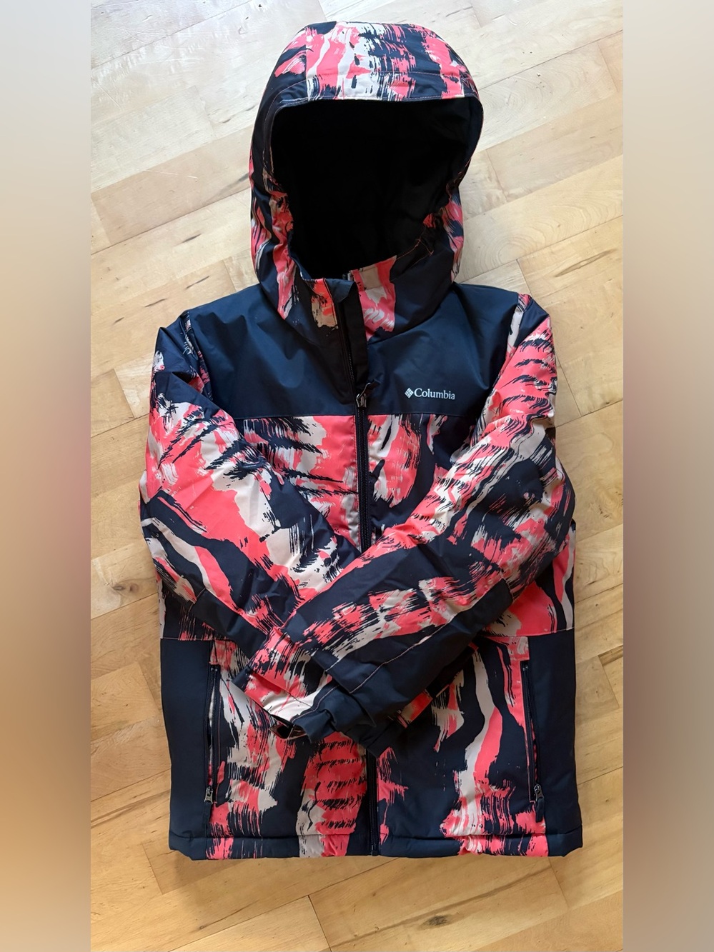 Columbia Kids black and camoy red Patterned Hooded Puffer Jacket